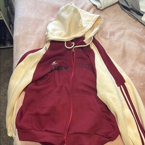 SHEIN Red and Cream Zippered Hoodie Relaxed Fit